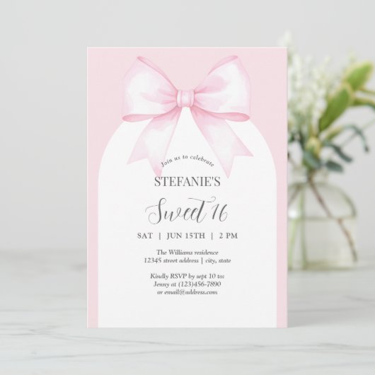 Elegante Waterverf Pink Bow Sweet 16 Birthday Kaart (Staand voorkant)
