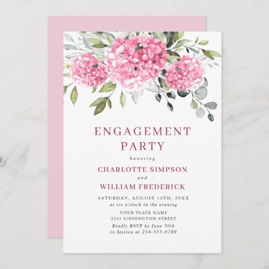 Elegante Waterverf Pink Hydrangea ENGAGEMENT PARTY Kaart (Voorkant / Achterkant)
