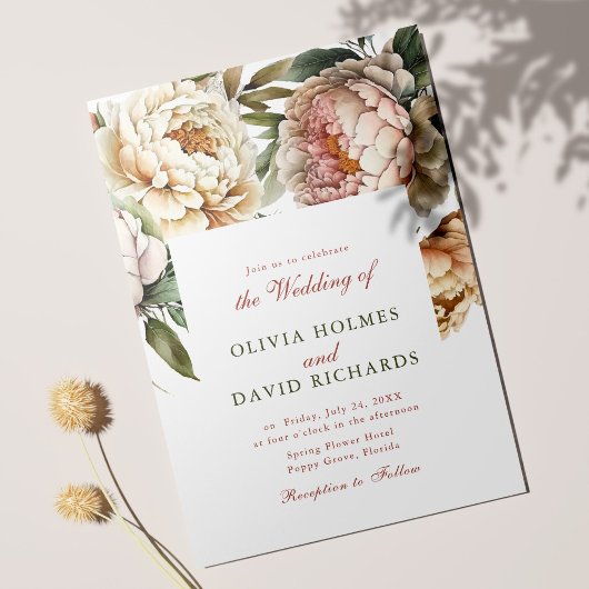 Elegante Waterverf Pioen Bruiloft Uitnodiging