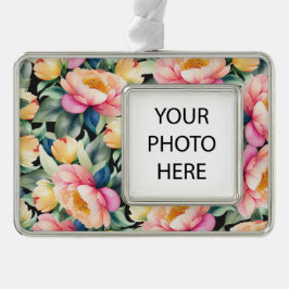 Elegante Waterverf Pioen op zwart Foto Verzilverd Omlijst Ornament