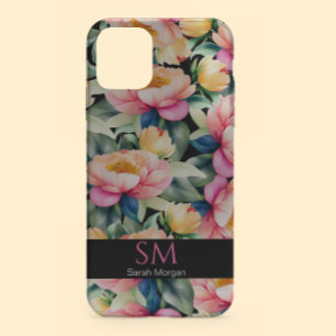 Elegante Waterverf Pioen op zwart Monogram Case-Mate iPhone Case
