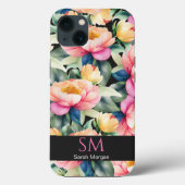 Elegante Waterverf Pioen op zwart Monogram Case-Mate iPhone Case (Achterkant)