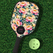 Elegante Waterverf Pioen op zwart Monogram Pickleball Paddle