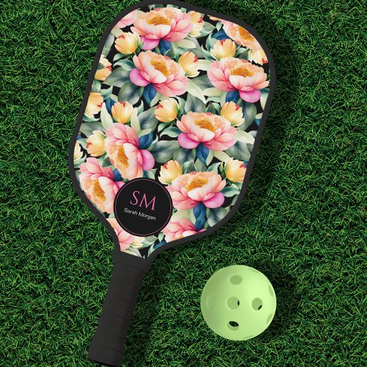 Elegante Waterverf Pioen op zwart Monogram Pickleball Paddle