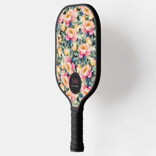 Elegante Waterverf Pioen op zwart Monogram Pickleball Paddle (Links)