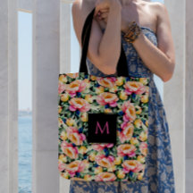 Elegante Waterverf Pioen op zwart Monogram