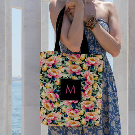 Elegante Waterverf Pioen op zwart Monogram Tote Bag