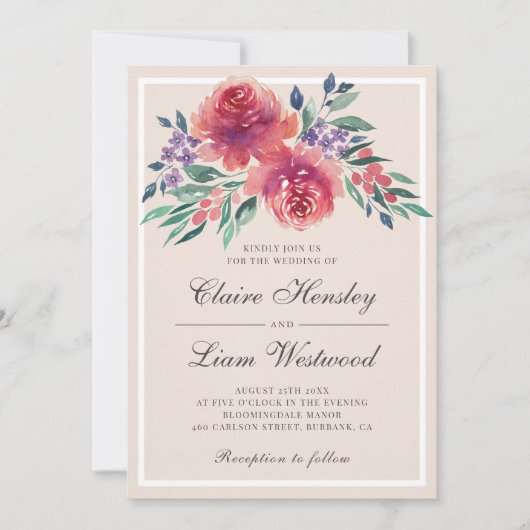 Elegante Waterverf Pioen Rozen Bruiloft Kaart (Voorkant)