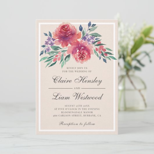 Elegante Waterverf Pioen Rozen Bruiloft Kaart (Staand voorkant)