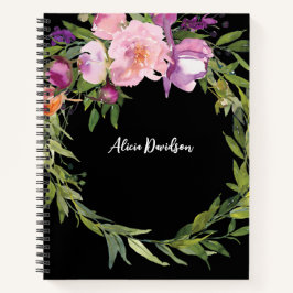 Elegante Waterverf pioenenkrans | Je naam Notitieboek