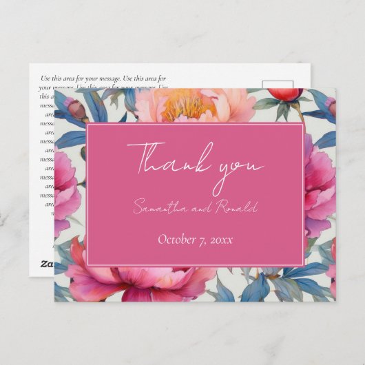 Elegante Waterverf pioenroos bloesems bruiloft bed Briefkaart (Voorkant / Achterkant)