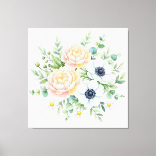 Elegante waterverf pioenroos en witte anemoon bloe canvas afdruk
