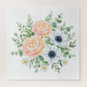 Elegante waterverf pioenroos en witte anemoon bloe legpuzzel