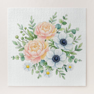 Elegante waterverf pioenroos en witte anemoon bloe legpuzzel