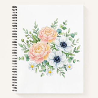 Elegante waterverf pioenroos en witte anemoon bloe notitieboek
