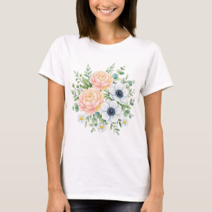 Elegante waterverf pioenroos en witte anemoon bloe t-shirt