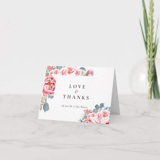 Elegante Waterverf pioenrozen bruiloft Bedankkaart (Voorkant)
