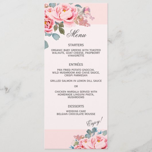 Elegante Waterverf pioenrozen bruiloft Menu (Voorkant)
