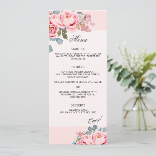 Elegante Waterverf pioenrozen bruiloft Menu (Staand voorkant)
