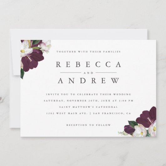 Elegante Waterverf Plum Floral Corners Wedding Kaart (Voorkant)