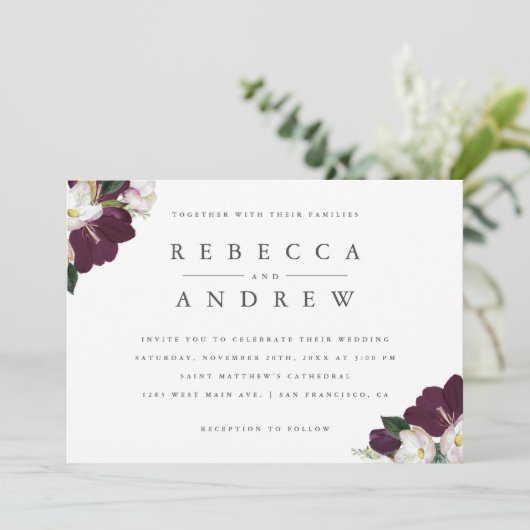 Elegante Waterverf Plum Floral Corners Wedding Kaart (Staand voorkant)