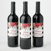 Elegante Waterverf Poinsettia Kerst Gestreept Wijn Etiket (Flessen)