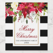 Elegante Waterverf Poinsettia Kerst Gestreept Wijn Etiket (Enkel label)