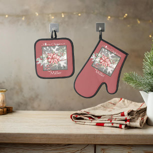 Elegante waterverf poinsettia kerst op maat ovenwant & pannenlap set