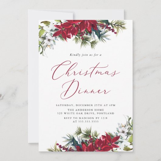 Elegante Waterverf Poinsettia Kerstdiner Kaart (Voorkant)