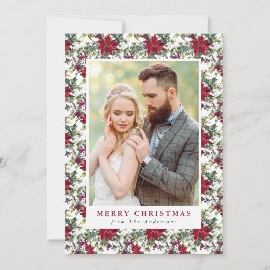 Elegante Waterverf Poinsettia Patroon Foto Feestdagenkaart (Voorkant)