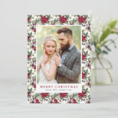 Elegante Waterverf Poinsettia Patroon Foto Feestdagenkaart (Staand voorkant)