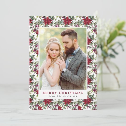 Elegante Waterverf Poinsettia Patroon Foto Feestdagenkaart (Staand voorkant)