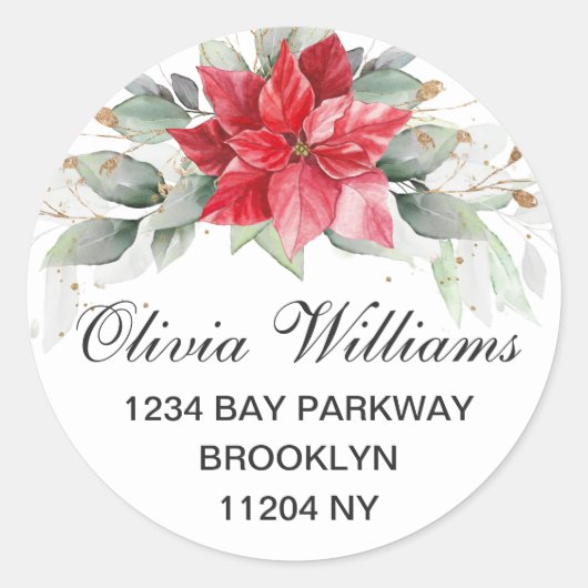 Elegante Waterverf Poinsettia Retouradreslabel Ronde Sticker (Voorkant)