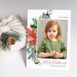 Elegante waterverf poinsettia's en groen foto feestdagenkaart