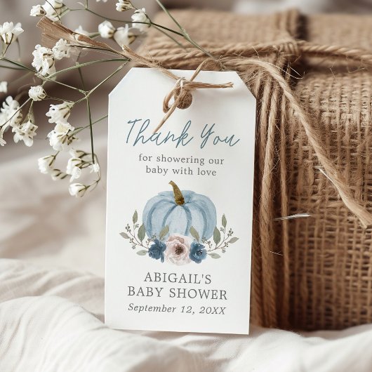 Elegante Waterverf Pompoen Baby shower Blauw Favor Cadeaulabel