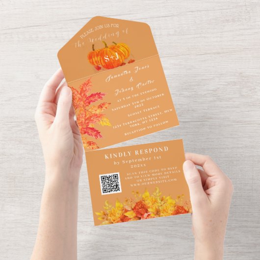 Elegante Waterverf Pompoen Bloemen Bruiloft RSVP All In One Uitnodiging (Afscheurbaar)