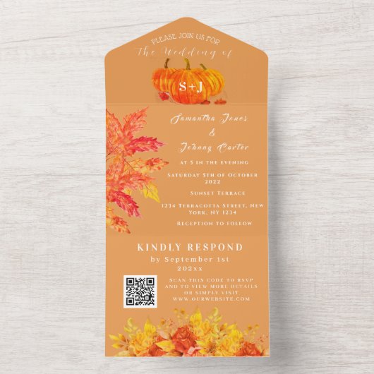 Elegante Waterverf Pompoen Bloemen Bruiloft RSVP All In One Uitnodiging (Binnen)