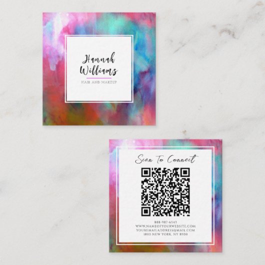 Elegante Waterverf QR Code Kleurrijke Patroon Mode Vierkante Visitekaartje (Voorkant / Achterkant)