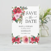 Elegante Waterverf Red Rose Floral Save the Date Kaart (Staand voorkant)