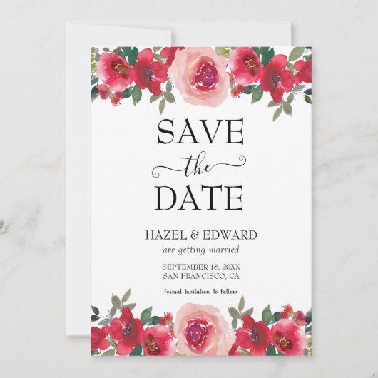 Elegante Waterverf Red Rose Floral Save the Date Kaart (Voorkant)