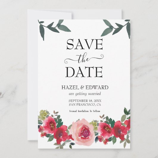 Elegante Waterverf Red Rose Floral Save the Date Kaart (Voorkant)