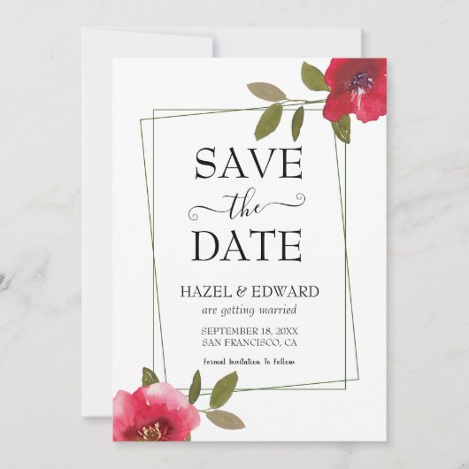 Elegante Waterverf Red Rose Floral Save the Date Kaart (Voorkant)