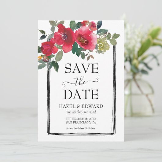 Elegante Waterverf Red Rose Floral Save the Date Kaart (Staand voorkant)