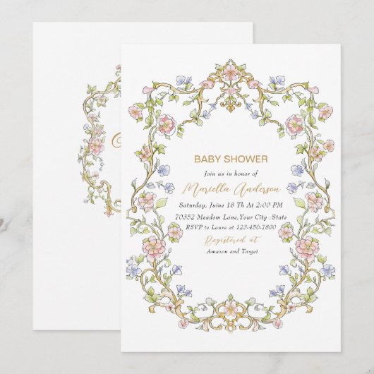 Elegante Waterverf Retro Flowers Lijst Baby shower Kaart (Voorkant / Achterkant)