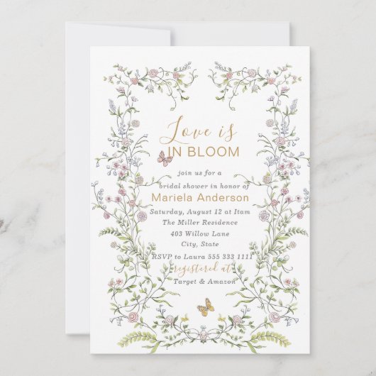 Elegante Waterverf Retro Golden Flowers Bridal SH Kaart (Voorkant)