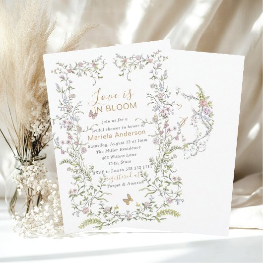 Elegante Waterverf Retro Golden Flowers Bridal SH Kaart