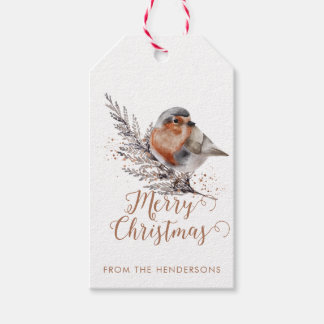 Elegante Waterverf Robin Christmas Branch Cadeaulabel