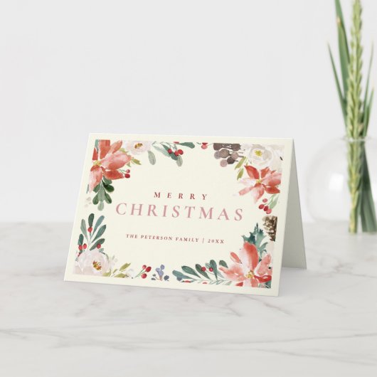 Elegante Waterverf rode bessen poinsettia niet fot Feestdagen Kaart (Voorkant)