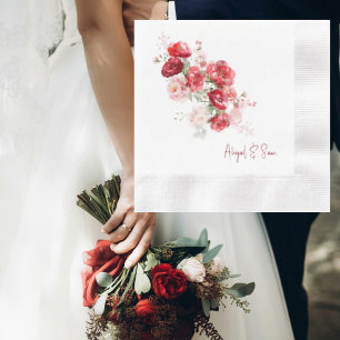 Elegante Waterverf Rode Bloemen Trouwcocktail Servet