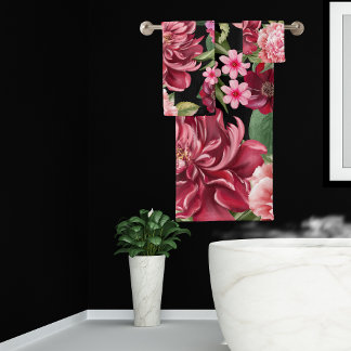 Elegante Waterverf rode bloemetjes en groen zwart Bad Handdoek